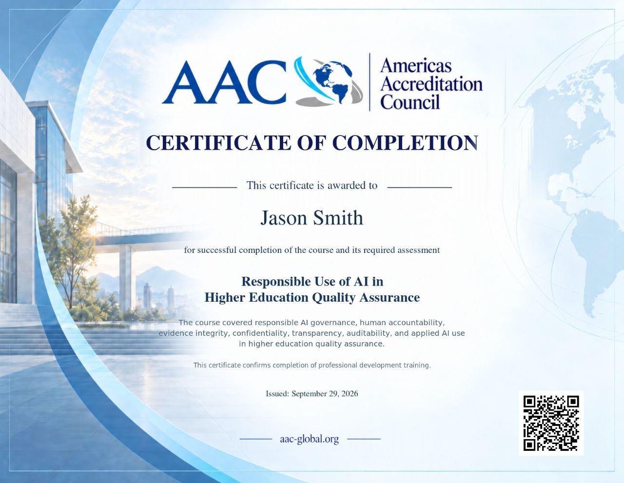 AAC AI+QA Institute course Certificate of Completion — example